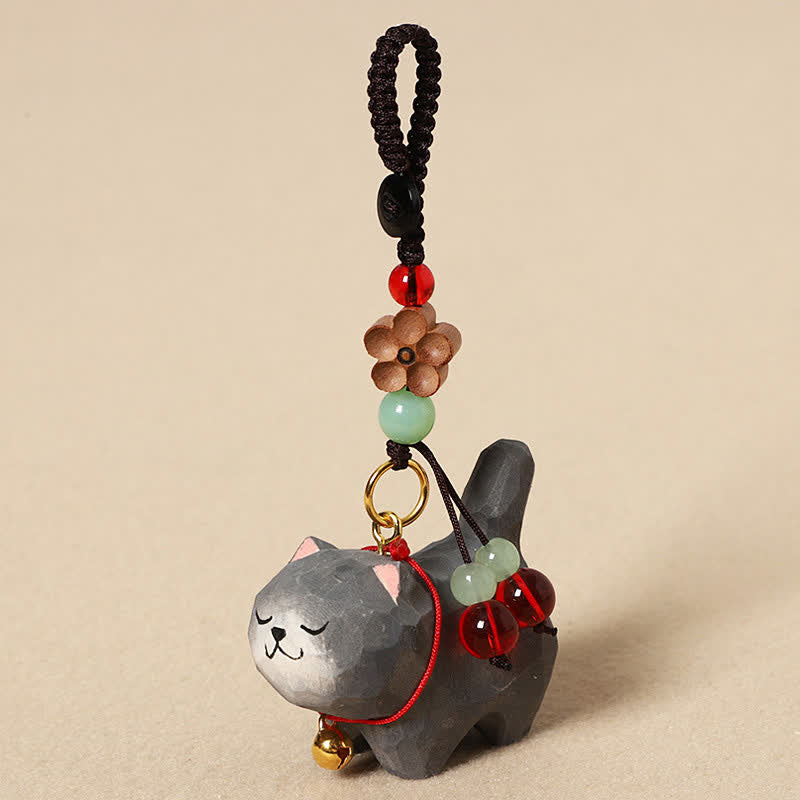 Nimara Ritual Carved Wood Cat Om Mani Padme Hum Peace Keychains