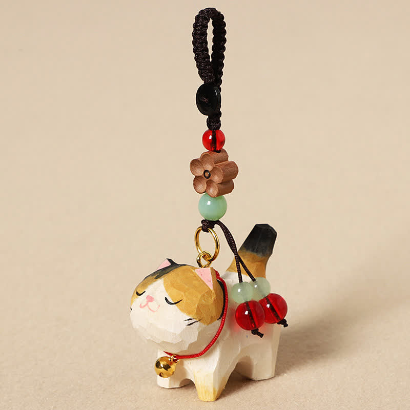 Nimara Ritual Carved Wood Cat Om Mani Padme Hum Peace Keychains