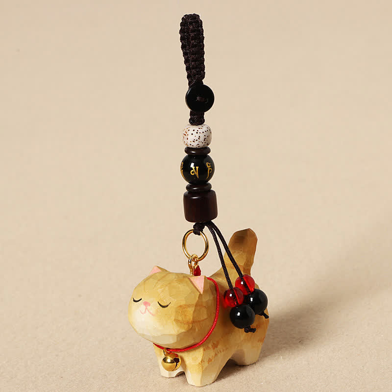 Nimara Ritual Carved Wood Cat Om Mani Padme Hum Peace Keychains