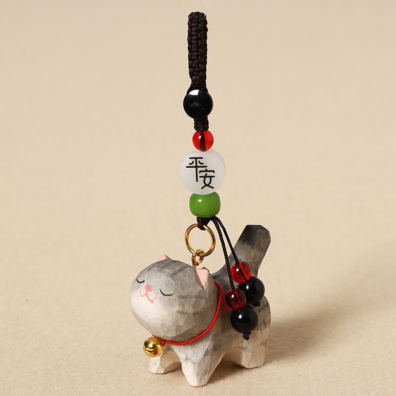 Nimara Ritual Carved Wood Cat Om Mani Padme Hum Peace Keychains
