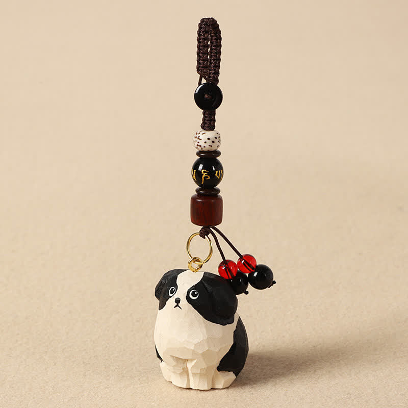Nimara Ritual Carved Wood Dog Om Mani Padme Hum Wisdom Keychains