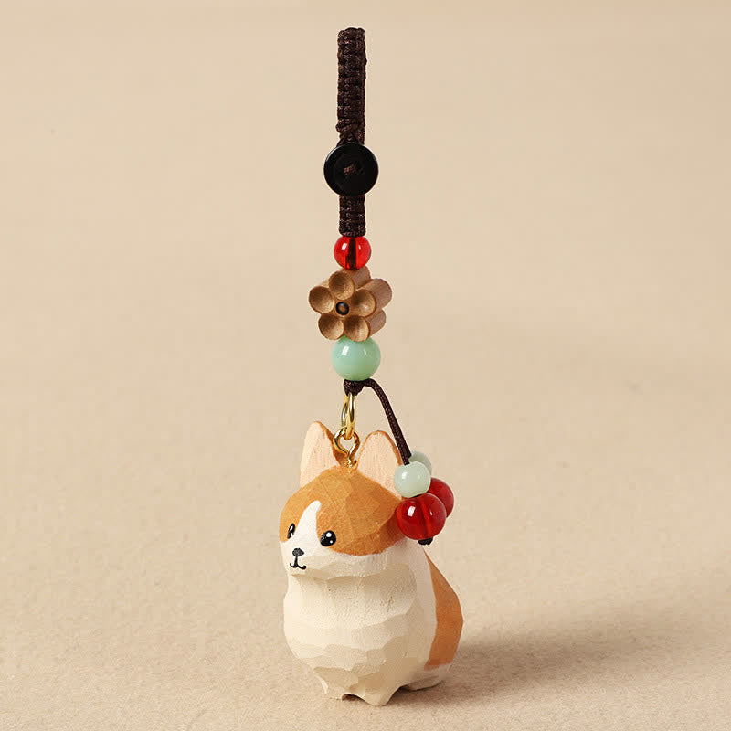 Nimara Ritual Carved Wood Corgi Om Mani Padme Hum Peace Keychains