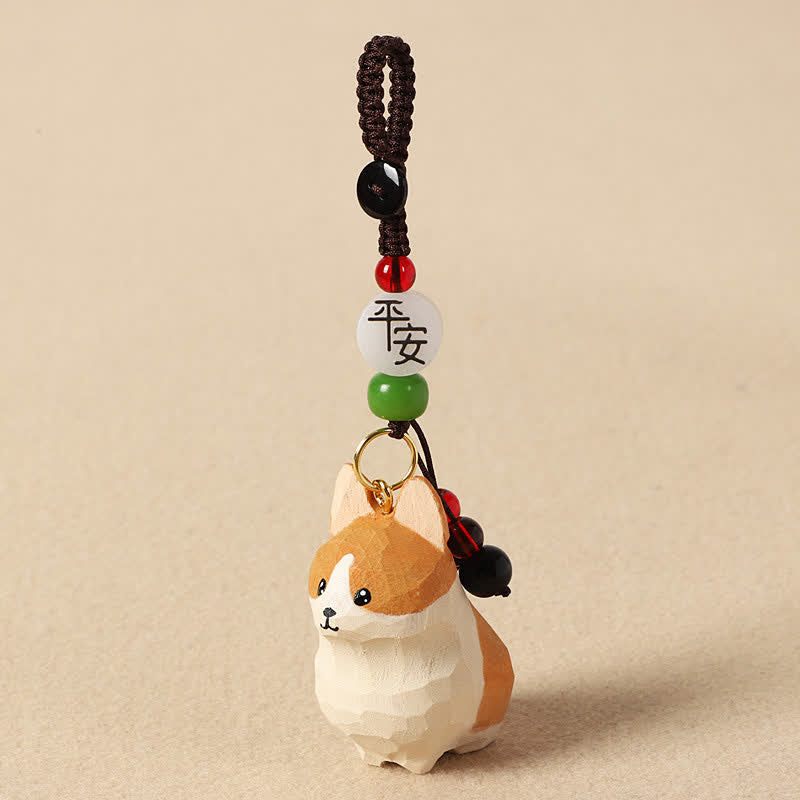 Nimara Ritual Carved Wood Corgi Om Mani Padme Hum Peace Keychains