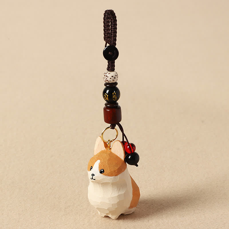 Nimara Ritual Carved Wood Corgi Om Mani Padme Hum Peace Keychains