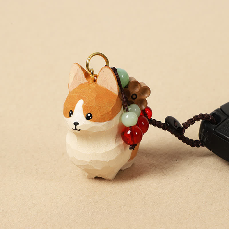 Nimara Ritual Carved Wood Corgi Om Mani Padme Hum Peace Keychains