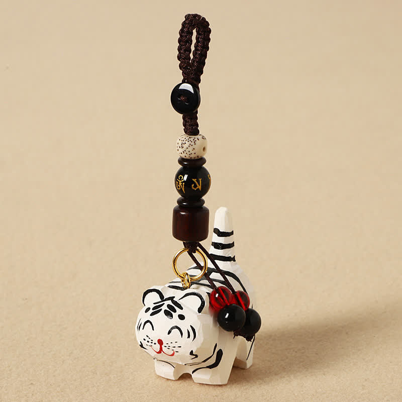 Nimara Ritual Carved Wood Tiger Om Mani Padme Hum Focus Keychains