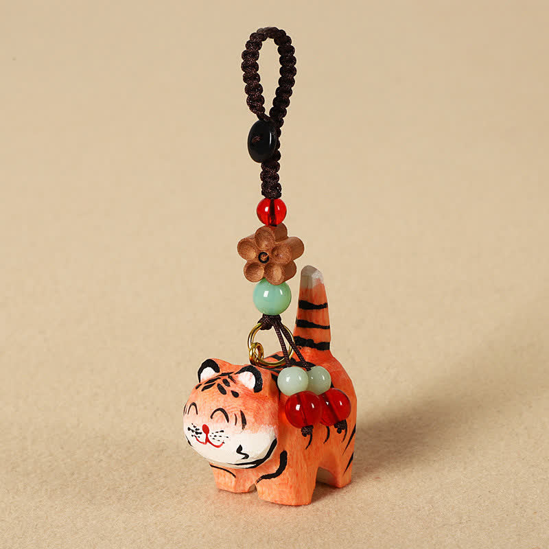 Nimara Ritual Carved Wood Tiger Om Mani Padme Hum Focus Keychains
