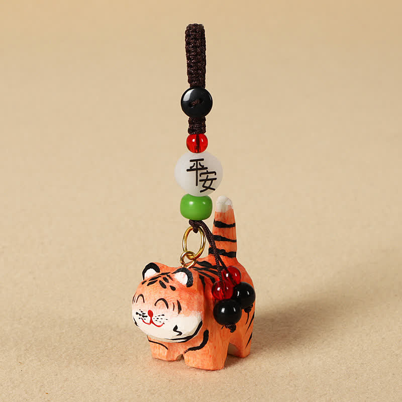 Nimara Ritual Carved Wood Tiger Om Mani Padme Hum Focus Keychains