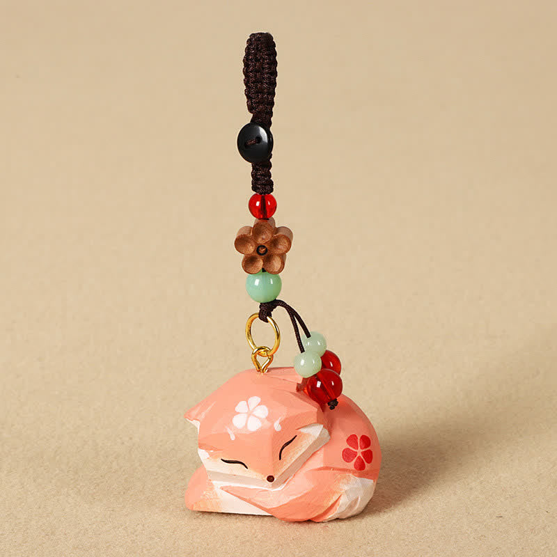 Nimara Ritual Carved Wood Fox Om Mani Padme Hum Wisdom Keychains