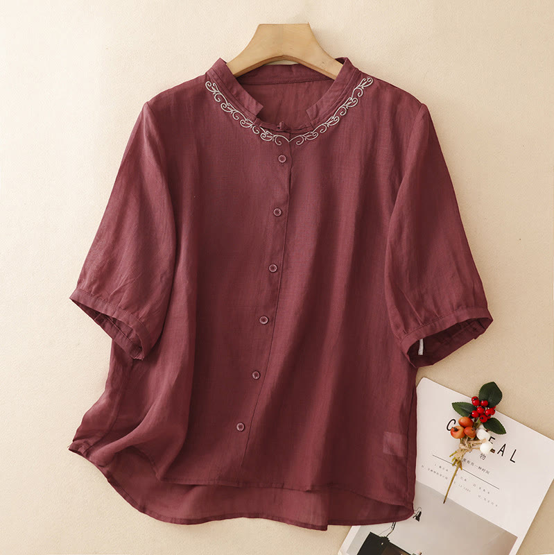 Nimara Ritual Summer Casual Elegant Tang Style Vine Embroidery Crew Neck Button-Up Solid Women's Short Sleeve Shirts