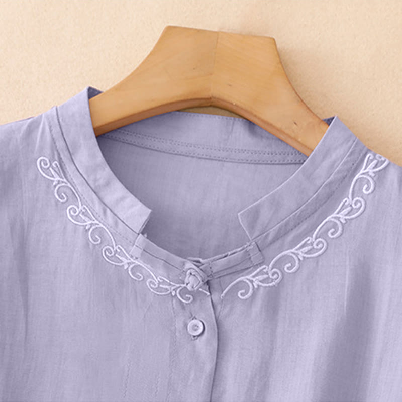 Nimara Ritual Summer Casual Elegant Tang Style Vine Embroidery Crew Neck Button-Up Solid Women's Short Sleeve Shirts