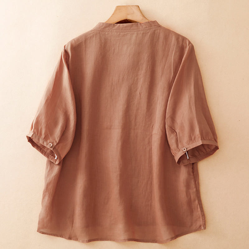 Nimara Ritual Summer Casual Elegant Tang Style Vine Embroidery Crew Neck Button-Up Solid Women's Short Sleeve Shirts