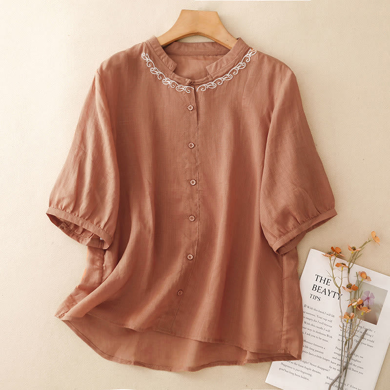 Nimara Ritual Summer Casual Elegant Tang Style Vine Embroidery Crew Neck Button-Up Solid Women's Short Sleeve Shirts