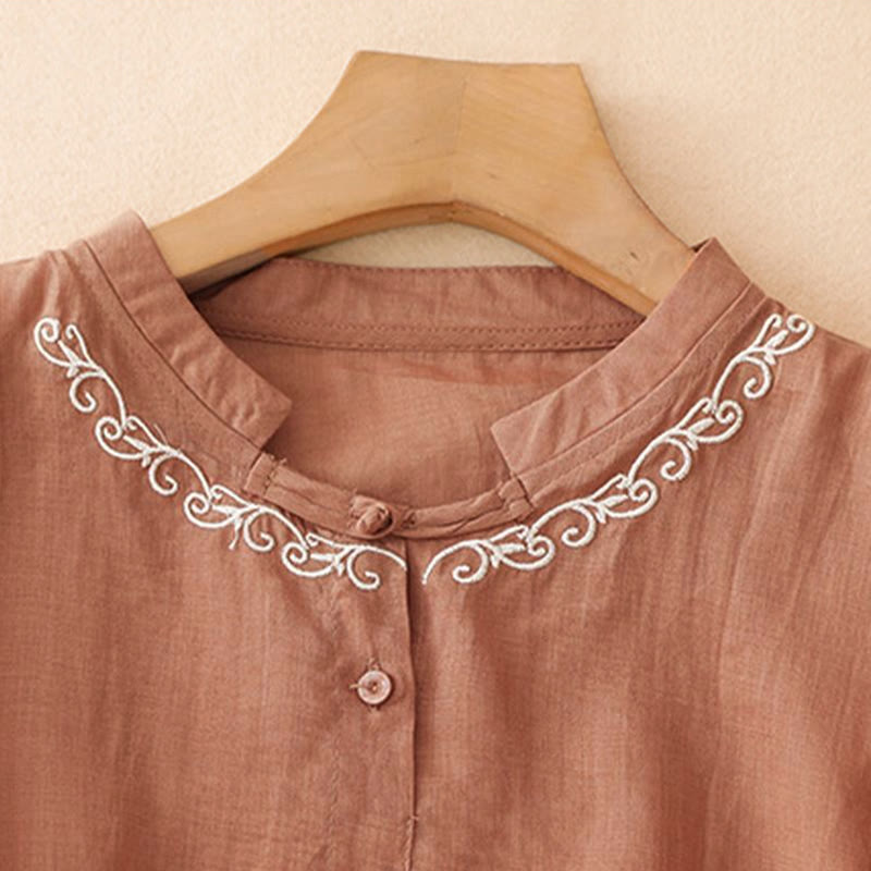 Nimara Ritual Summer Casual Elegant Tang Style Vine Embroidery Crew Neck Button-Up Solid Women's Short Sleeve Shirts
