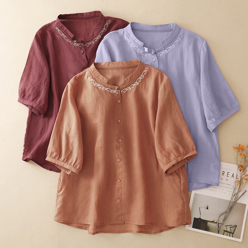 Nimara Ritual Summer Casual Elegant Tang Style Vine Embroidery Crew Neck Button-Up Solid Women's Short Sleeve Shirts