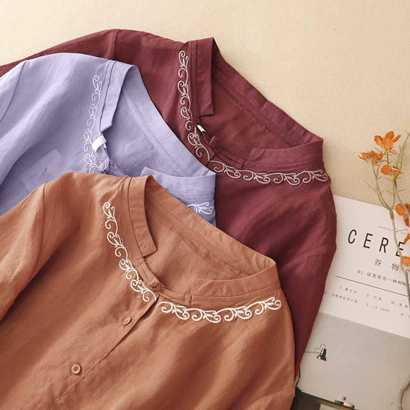 Nimara Ritual Summer Casual Elegant Tang Style Vine Embroidery Crew Neck Button-Up Solid Women's Short Sleeve Shirts