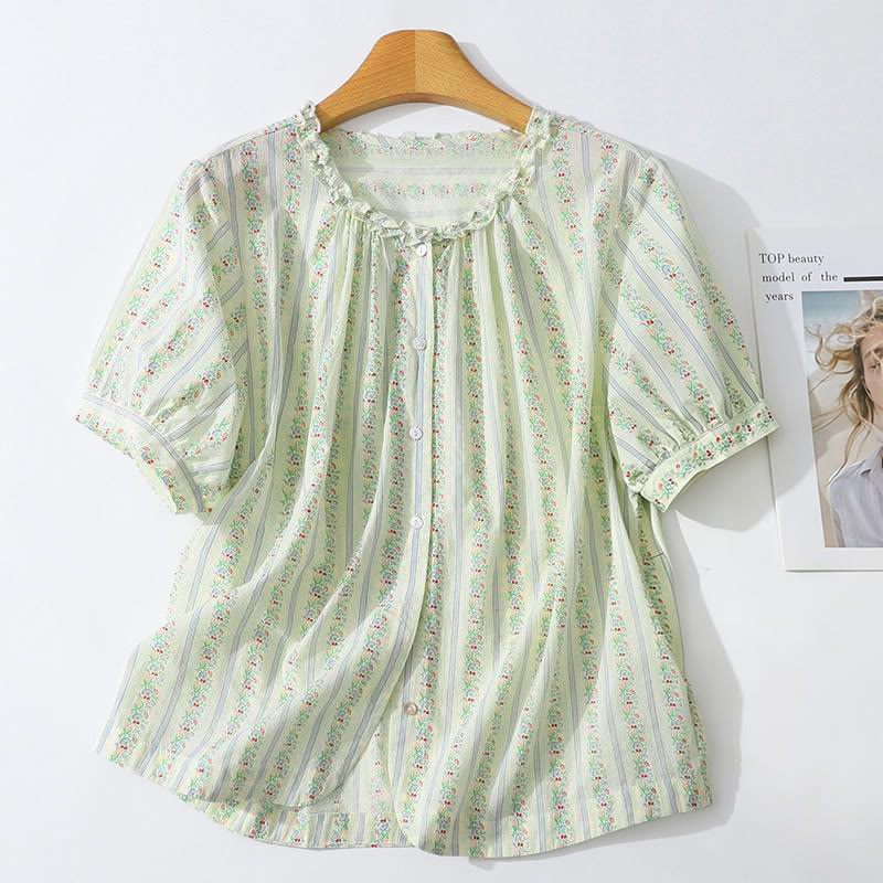 Nimara Ritual Summer Casual Elegant Button-Up Floral Striped Crew Neck Women's Short Sleeve Shirts