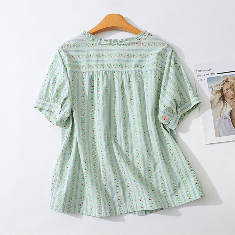Nimara Ritual Summer Casual Elegant Button-Up Floral Striped Crew Neck Women's Short Sleeve Shirts