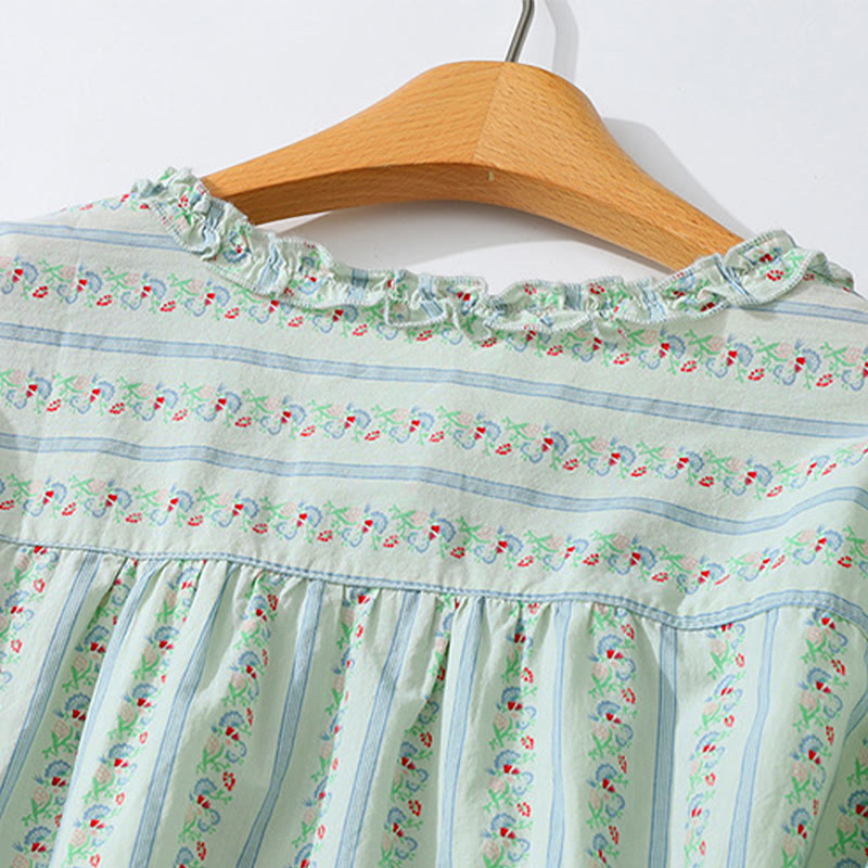 Nimara Ritual Summer Casual Elegant Button-Up Floral Striped Crew Neck Women's Short Sleeve Shirts