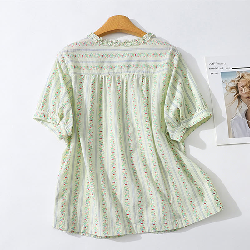 Nimara Ritual Summer Casual Elegant Button-Up Floral Striped Crew Neck Women's Short Sleeve Shirts