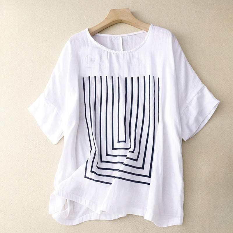 Nimara Ritual Casual Line Printing Pattern Short Sleeve Cotton Linen Women's T-Shirt