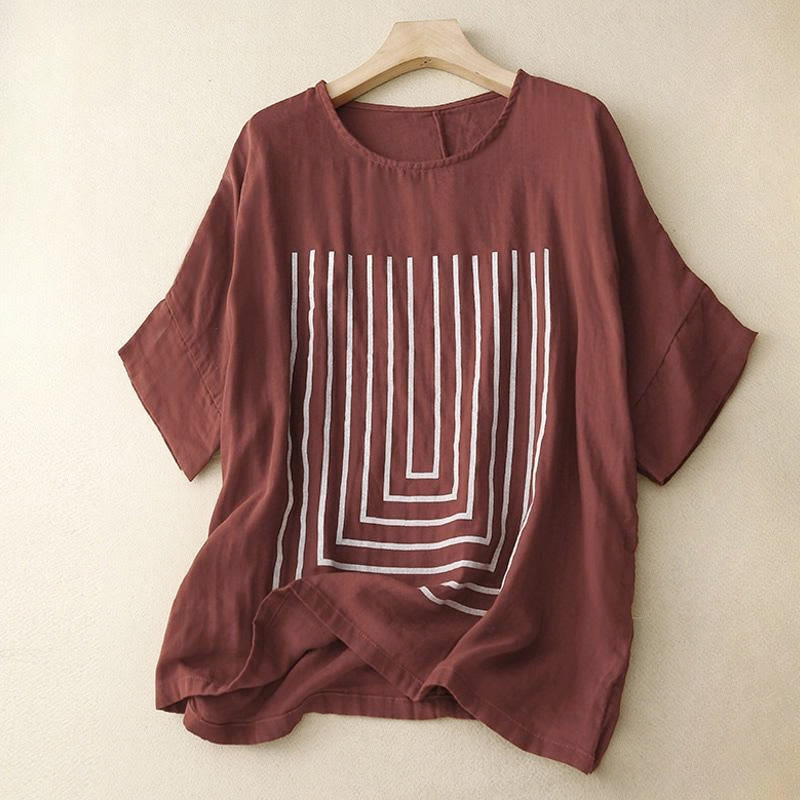 Nimara Ritual Casual Line Printing Pattern Short Sleeve Cotton Linen Women's T-Shirt