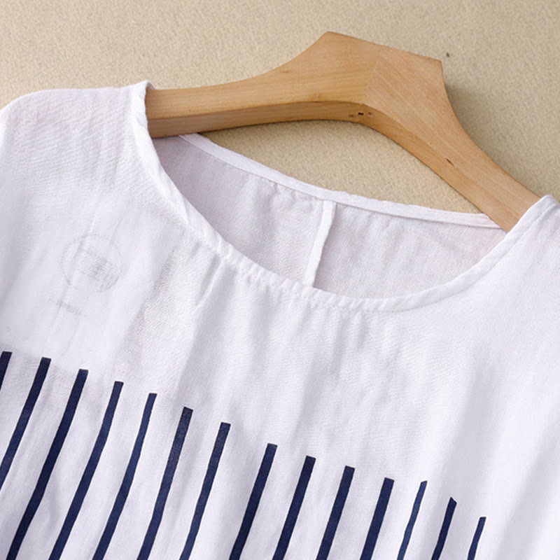 Nimara Ritual Casual Line Printing Pattern Short Sleeve Cotton Linen Women's T-Shirt