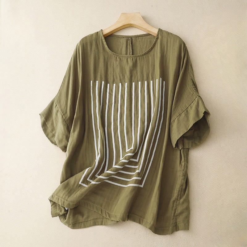 Nimara Ritual Casual Line Printing Pattern Short Sleeve Cotton Linen Women's T-Shirt