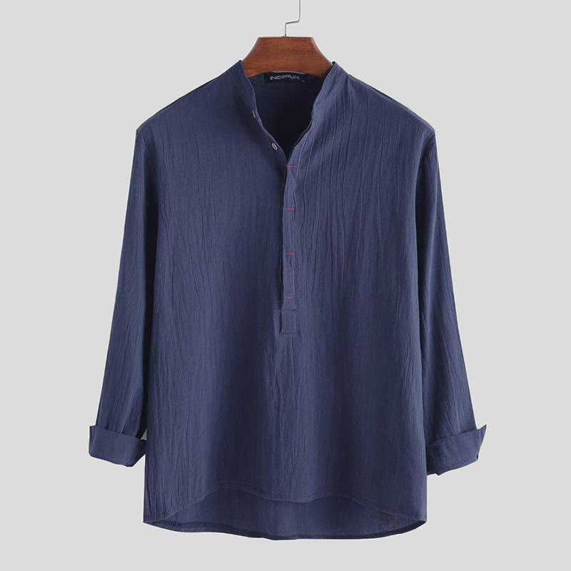 Nimara Ritual Solid Color Half Buttons Long Sleeve Cotton Men's Shirts