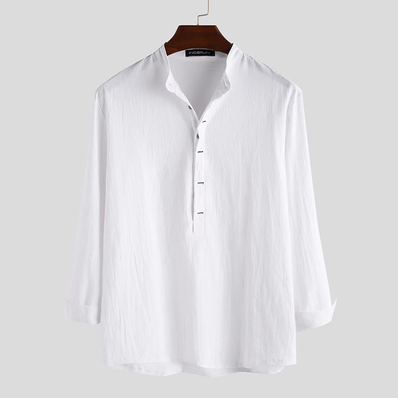 Nimara Ritual Solid Color Half Buttons Long Sleeve Cotton Men's Shirts