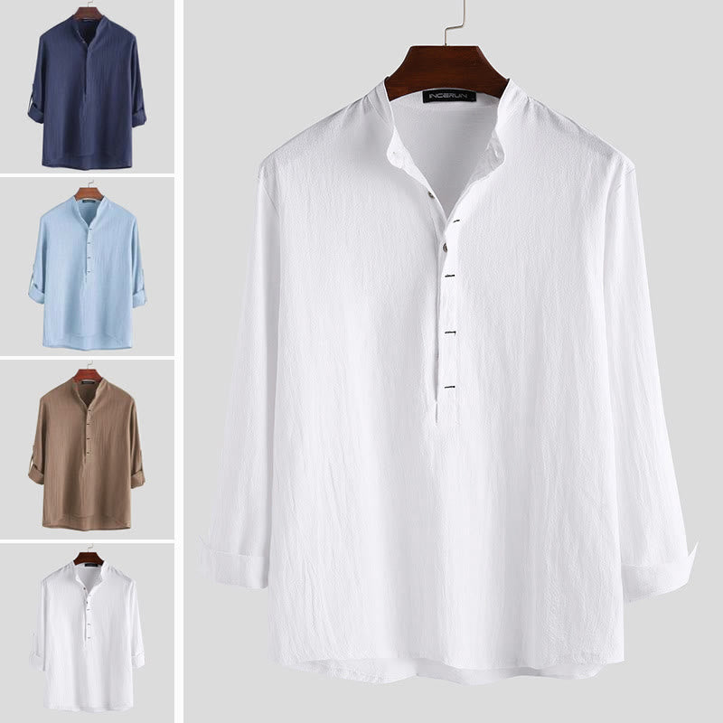 Nimara Ritual Solid Color Half Buttons Long Sleeve Cotton Men's Shirts