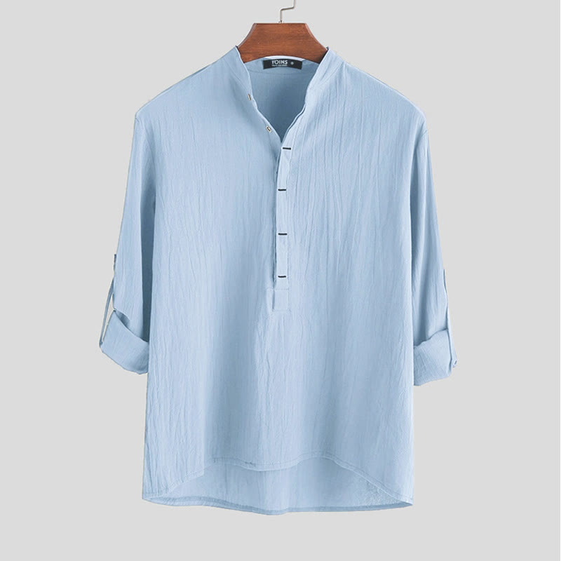 Nimara Ritual Solid Color Half Buttons Long Sleeve Cotton Men's Shirts