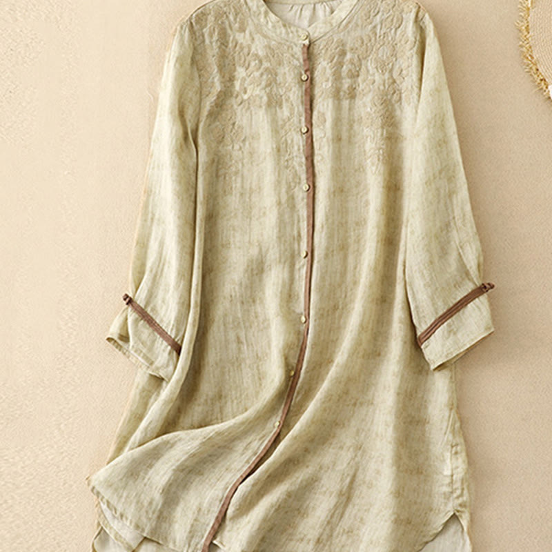 Nimara Ritual Summer Casual Embroidered Stand Collar Design Three Quarter Sleeve Midi Dress