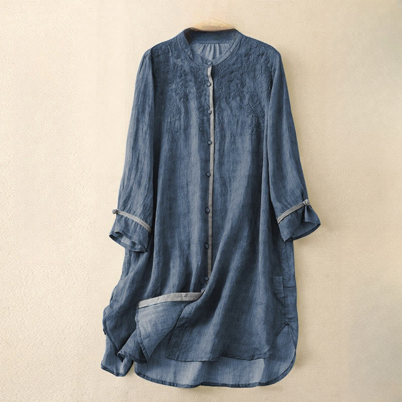 Nimara Ritual Summer Casual Embroidered Stand Collar Design Three Quarter Sleeve Midi Dress