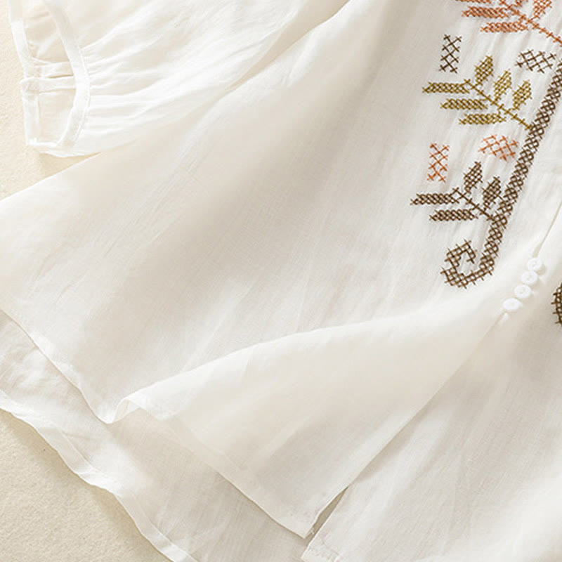Nimara Ritual Casual Artistic Embroidery Leaves Pattern Women's Three Quarter Sleeve Shirt