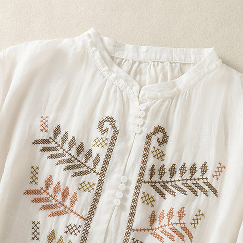 Nimara Ritual Casual Artistic Embroidery Leaves Pattern Women's Three Quarter Sleeve Shirt