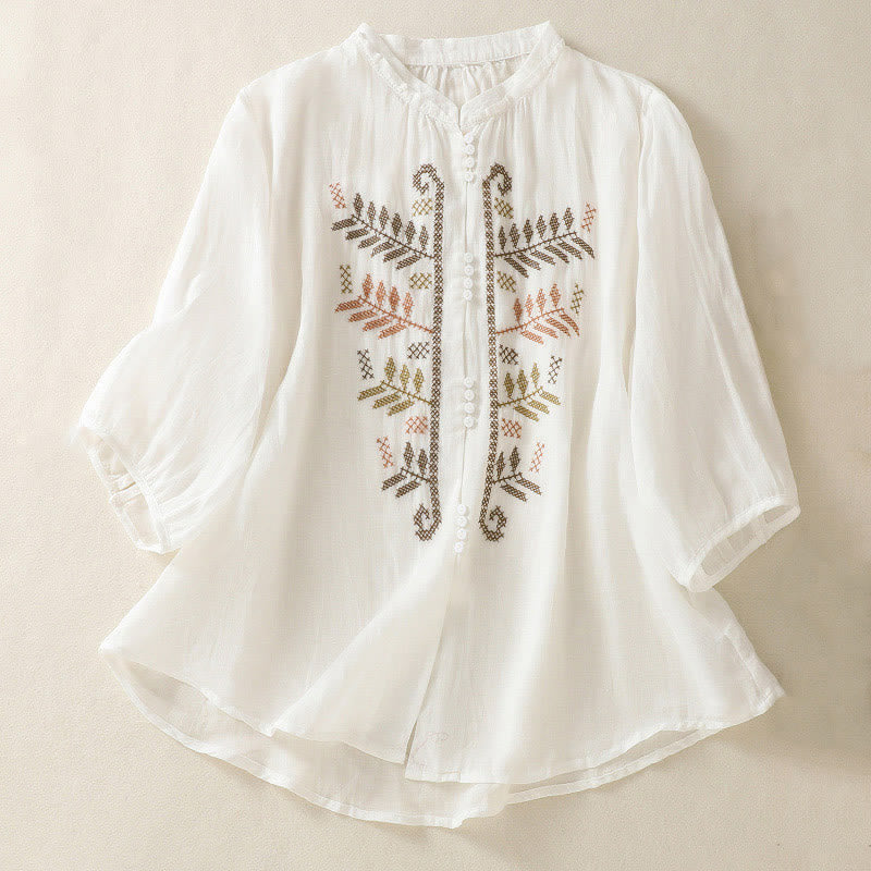 Nimara Ritual Casual Artistic Embroidery Leaves Pattern Women's Three Quarter Sleeve Shirt