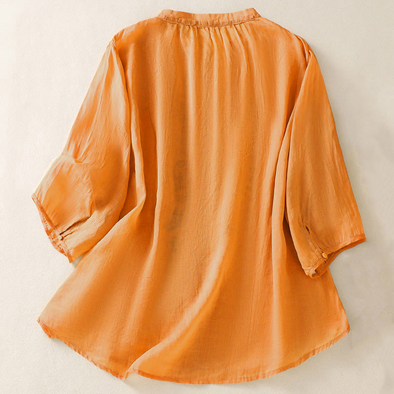 Nimara Ritual Casual Artistic Embroidery Leaves Pattern Women's Three Quarter Sleeve Shirt