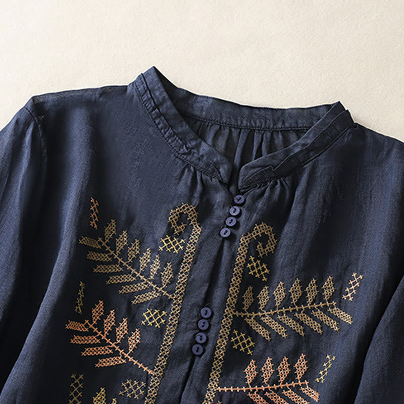 Nimara Ritual Casual Artistic Embroidery Leaves Pattern Women's Three Quarter Sleeve Shirt