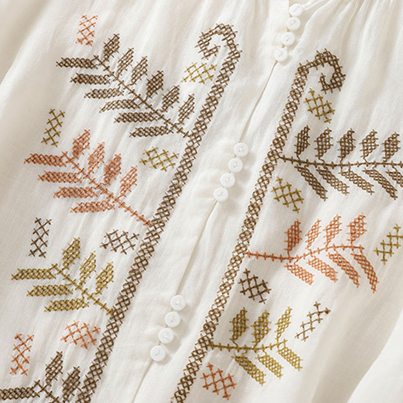 Nimara Ritual Casual Artistic Embroidery Leaves Pattern Women's Three Quarter Sleeve Shirt