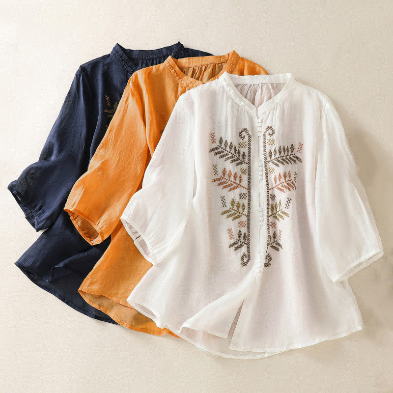 Nimara Ritual Casual Artistic Embroidery Leaves Pattern Women's Three Quarter Sleeve Shirt