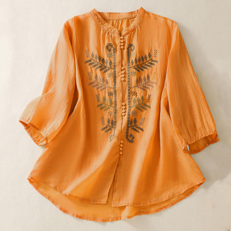 Nimara Ritual Casual Artistic Embroidery Leaves Pattern Women's Three Quarter Sleeve Shirt