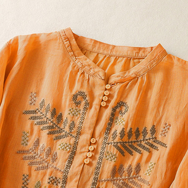 Nimara Ritual Casual Artistic Embroidery Leaves Pattern Women's Three Quarter Sleeve Shirt