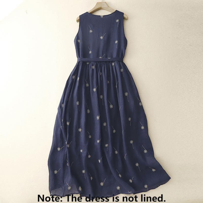 Nimara Ritual MidnightBlue Printing Lace-Up Design Sleeveless Midi Dress With Pockets