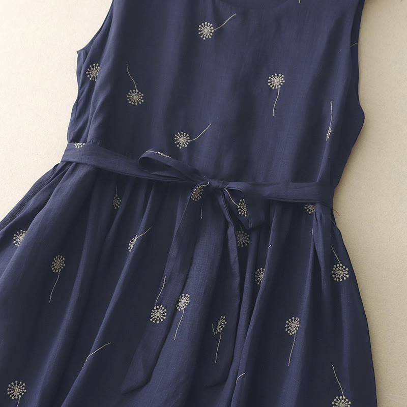 Nimara Ritual MidnightBlue Printing Lace-Up Design Sleeveless Midi Dress With Pockets