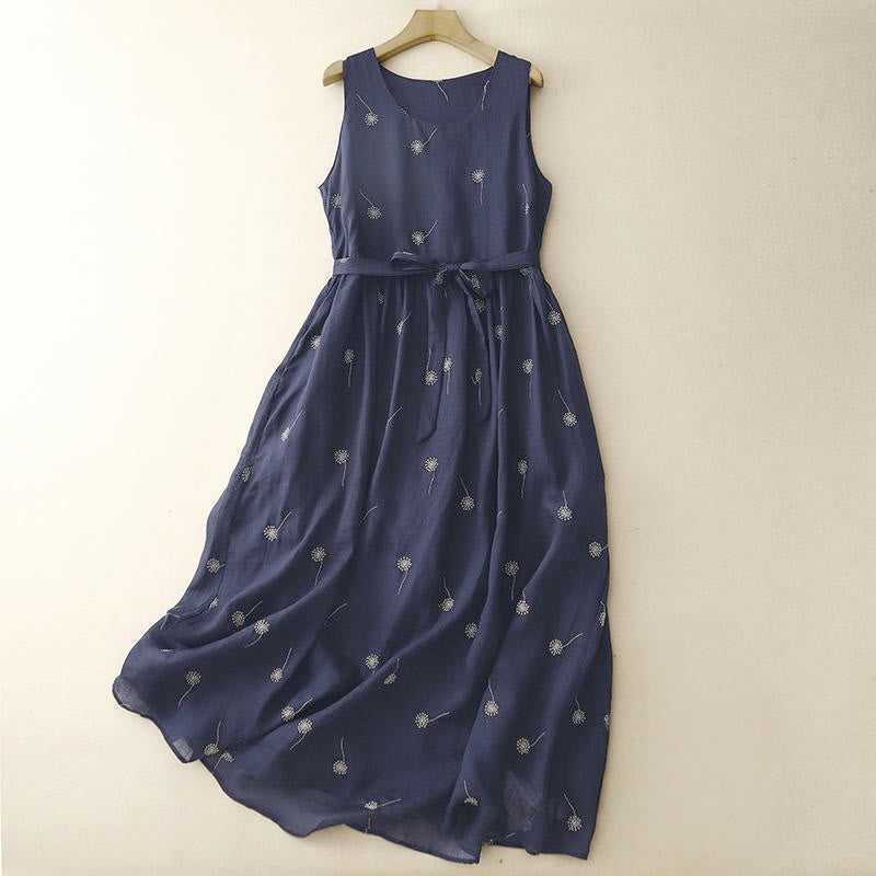 Nimara Ritual MidnightBlue Printing Lace-Up Design Sleeveless Midi Dress With Pockets