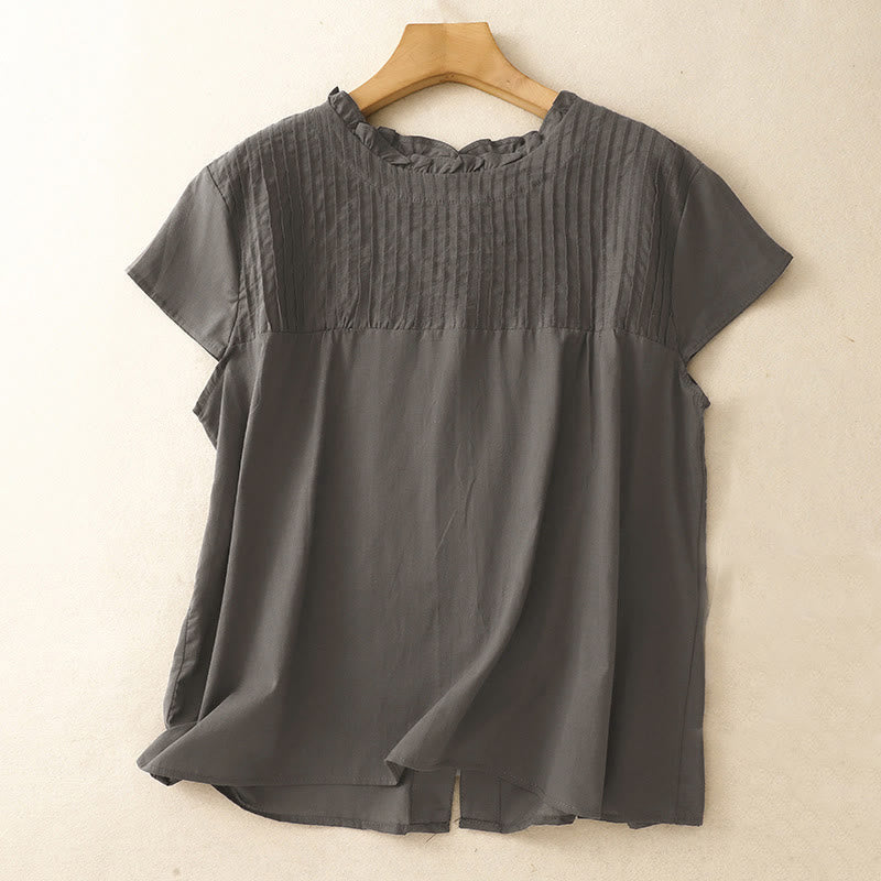 Nimara Ritual Summer Pure Color Ruffled Pleated Design Women's Short Sleeve Shirt