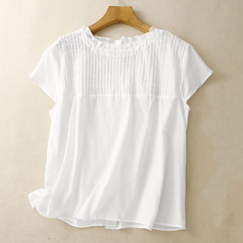 Nimara Ritual Summer Pure Color Ruffled Pleated Design Women's Short Sleeve Shirt
