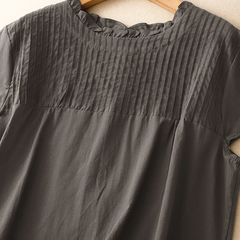 Nimara Ritual Summer Pure Color Ruffled Pleated Design Women's Short Sleeve Shirt