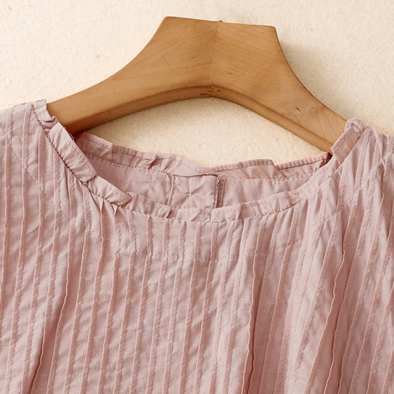 Nimara Ritual Summer Pure Color Ruffled Pleated Design Women's Short Sleeve Shirt